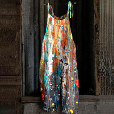 Women's Printed Street Hipster Fashion Multi-color Cotton And Linen Suspender Jumpsuit