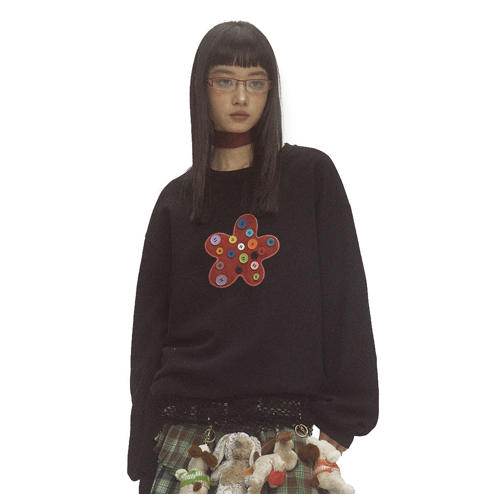 Floral Embroidered Loose Round Neck Cotton Sweater