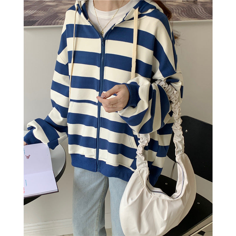 Women's Striped Hooded Zipper Cardigan Loose Sweater