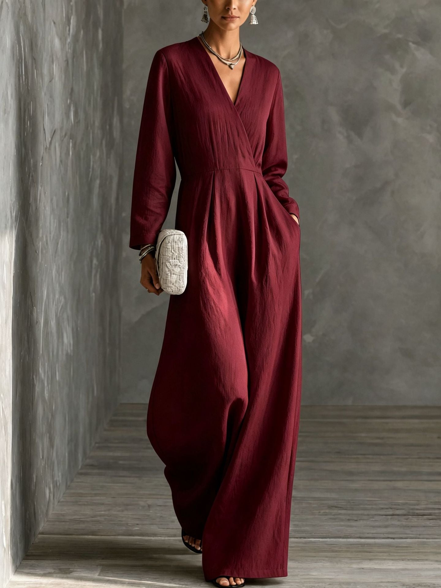 Chic V-Neck Long-Sleeve Wide-Leg Jumpsuit
