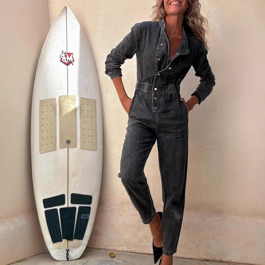 Washed Denim Utility Jumpsuit with Pockets