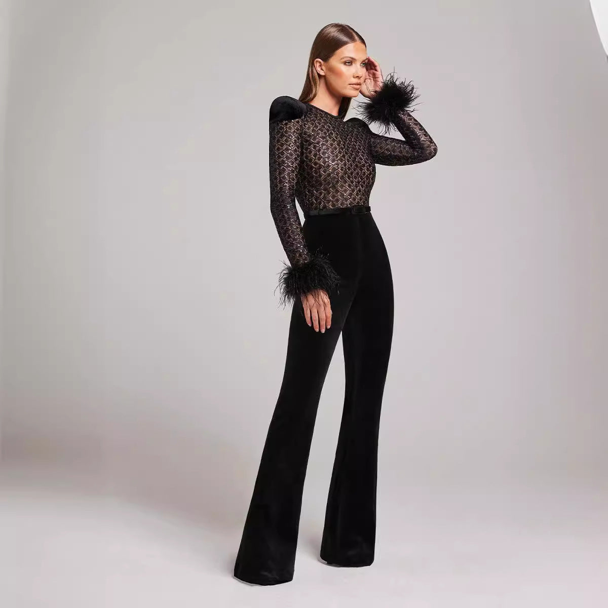 Women's Fashionable Elegant Lace Feather Sequins Bandage Jumpsuit