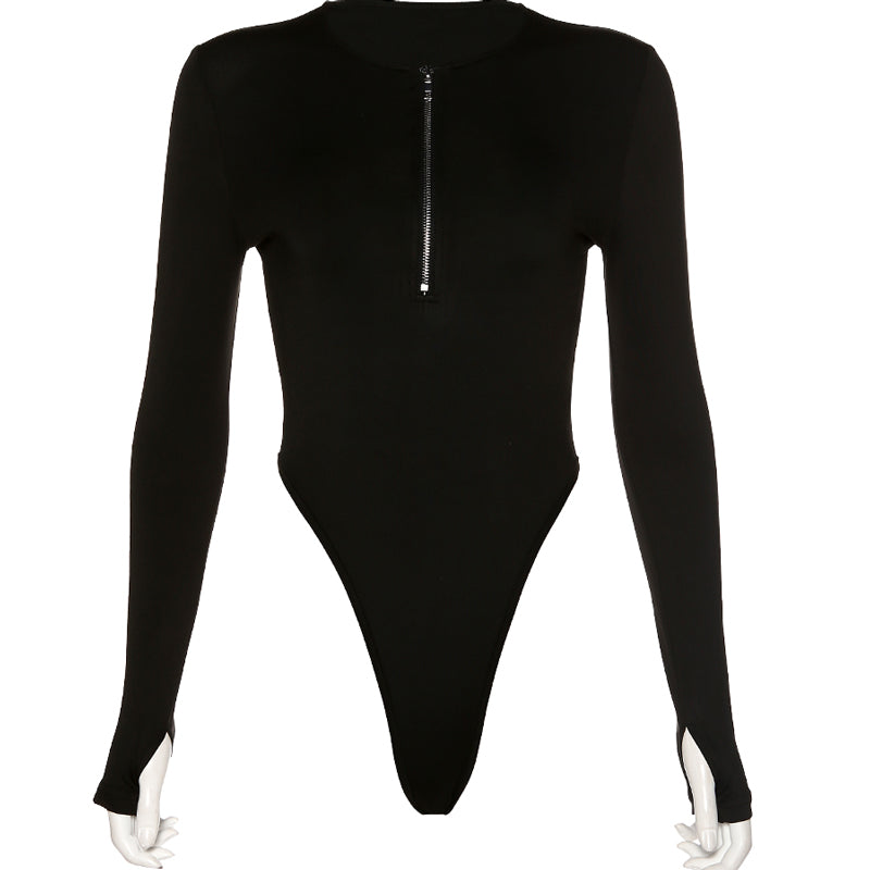 European station sexy black tight T-shirt long sleeve zipper design
