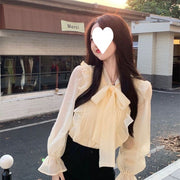 Bow-tie Chiffon Blouse Womens Ruffled Base Shirt