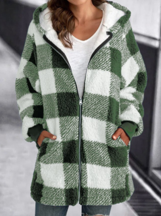 Plush Plaid Hooded Long Coat for Women
