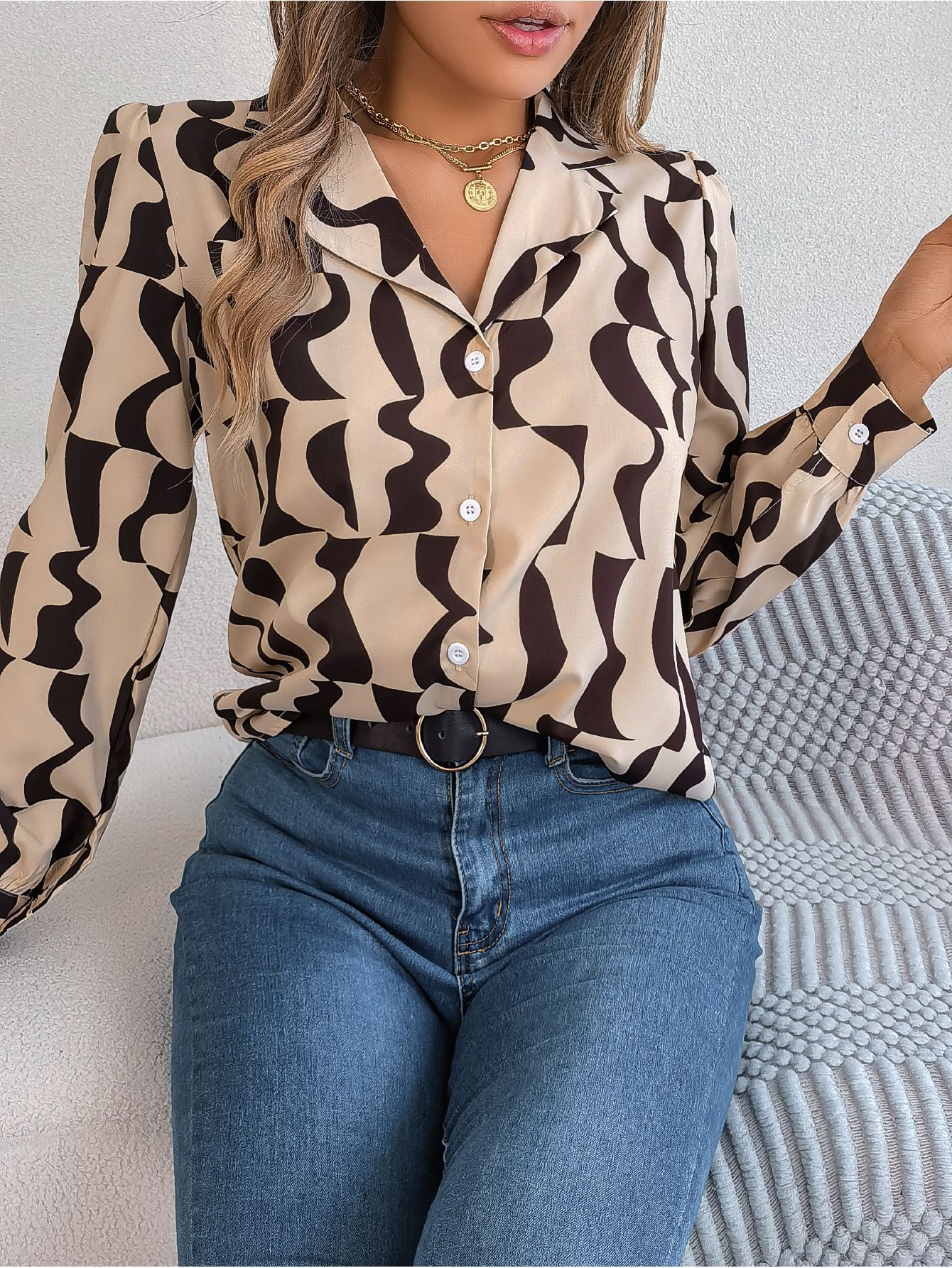 Women's Office Elegant Color Block Stripe Notched Lapel Long Sleeve Shirt