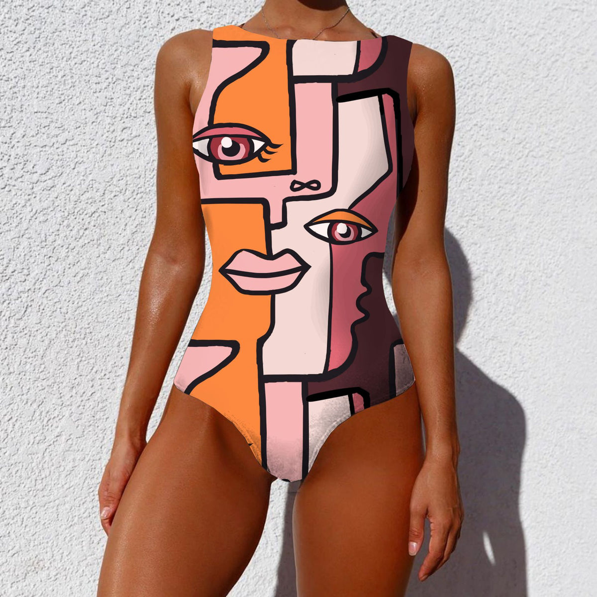 Women's Abstract Print High-Waist Backless Swimsuit