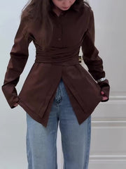 Dark Brown Long-Sleeve Cross-Tie Waist-Cinched Shirt