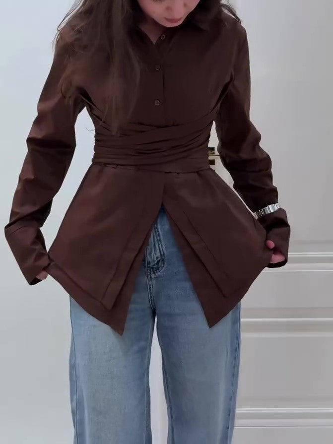 Dark Brown Long-Sleeve Cross-Tie Waist-Cinched Shirt