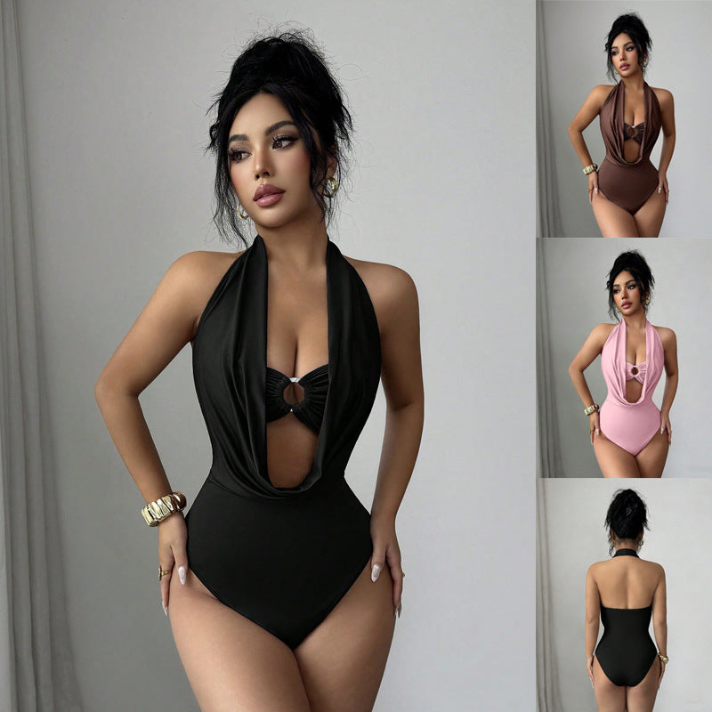 Womens Solid-color Deep V-neck Halter Hollow-out Ring-design Figure-flattering Jumpsuit