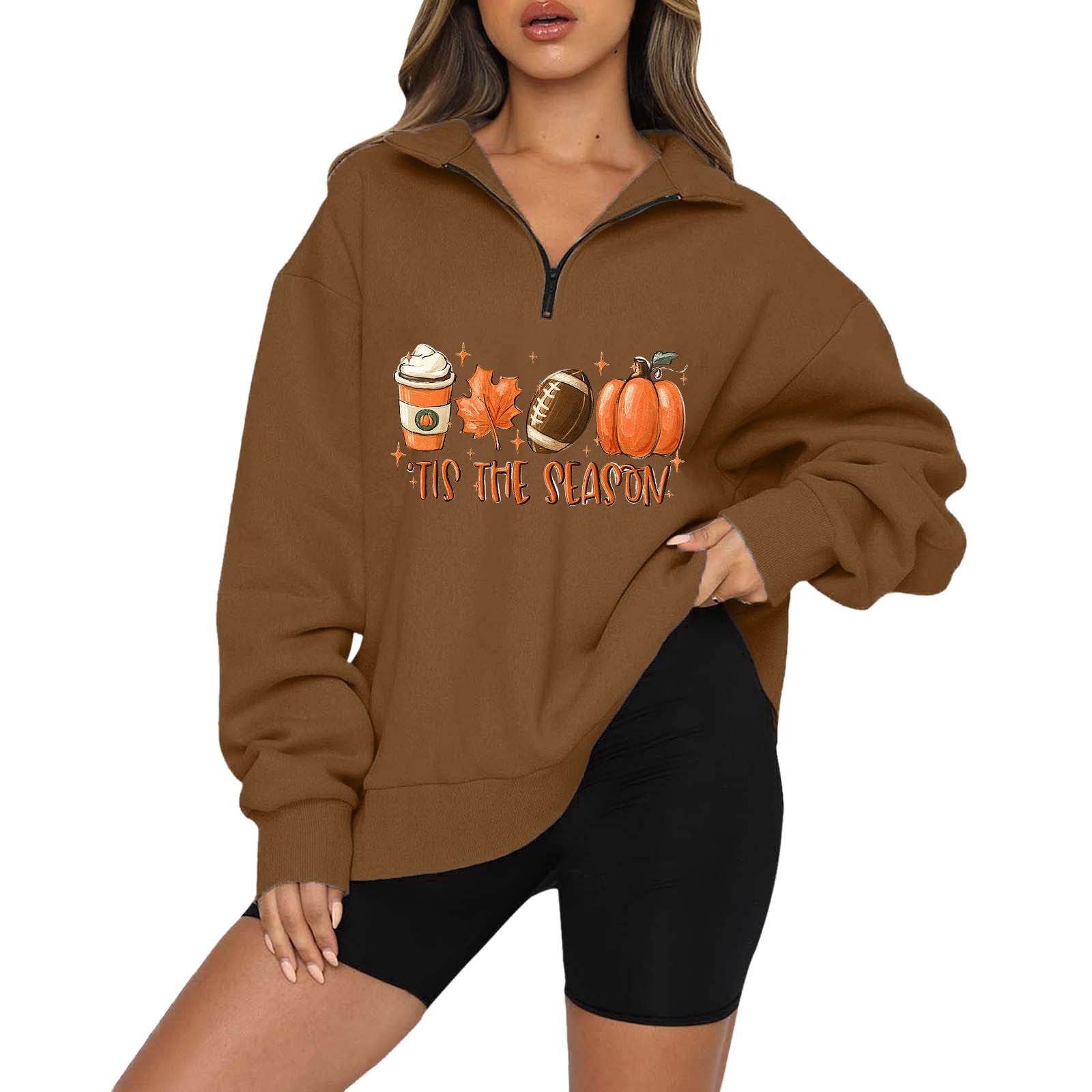 Halloween Pumpkin Print Casual Zipper Sweatshirt