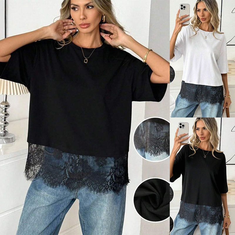 Summer Lace Patchwork Crew Neck T-Shirt – Lightweight & Trendy