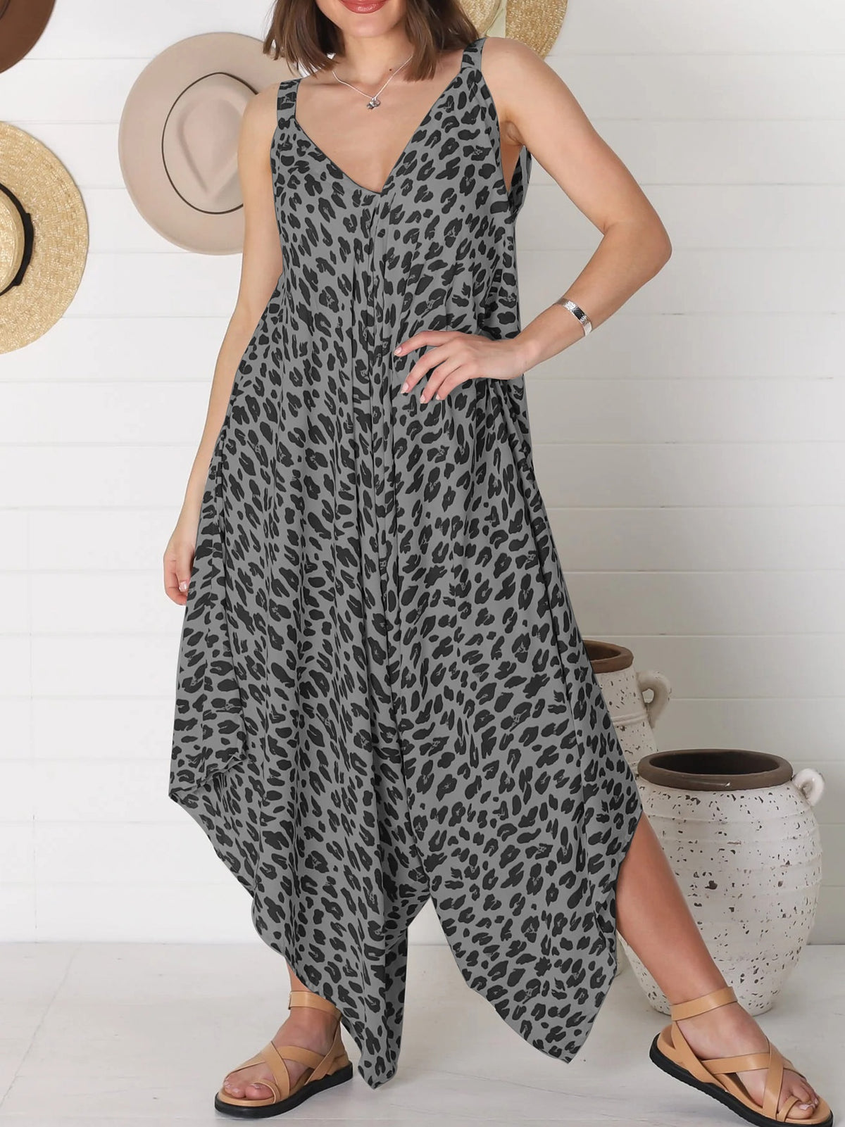 Leopard Print Wide Leg Jumpsuit Backless Romper