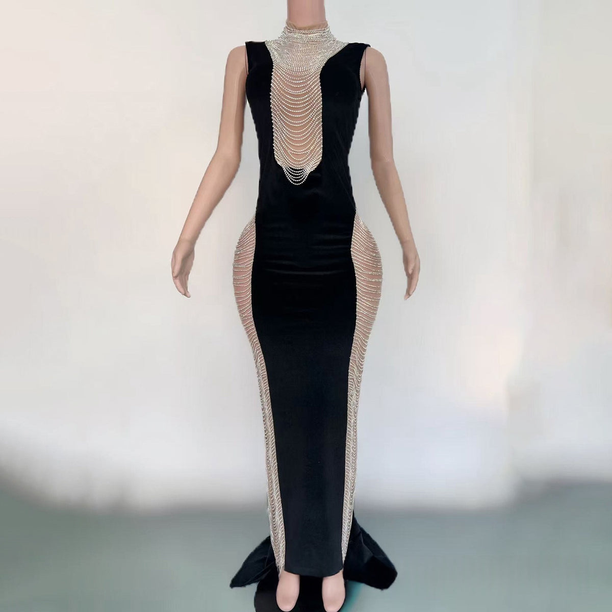 Elegant Black Velvet Cutout-embellished Mini-train Dress with a Chain Detail