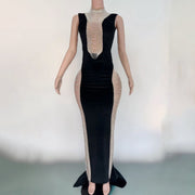 Elegant Black Velvet Cutout-embellished Mini-train Dress with a Chain Detail
