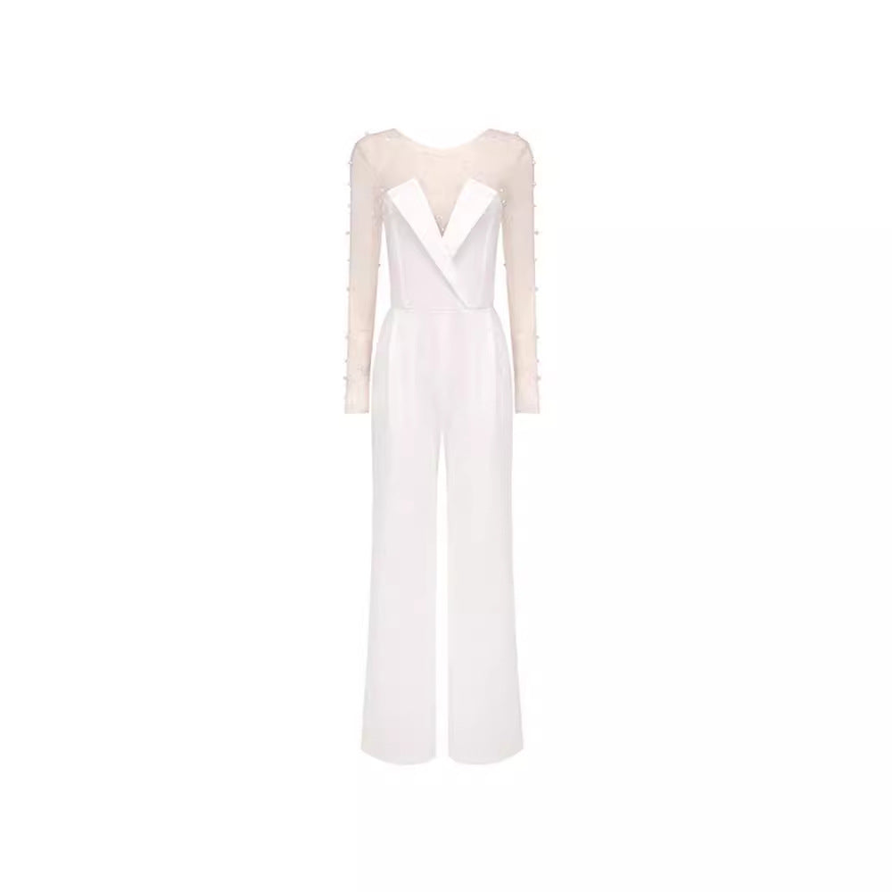Chic Sheer Foam Mesh Long Sleeve Casual Jumpsuit