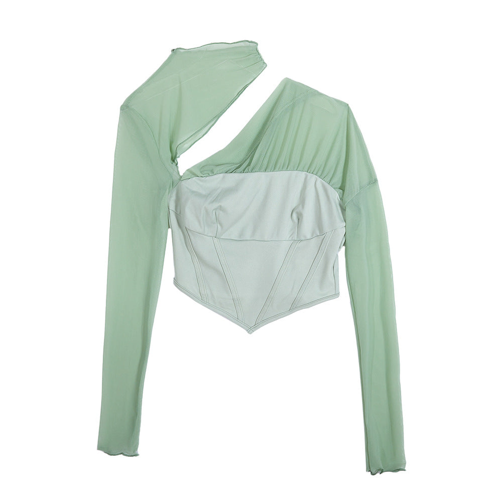 Women's Mesh Splicing Slim Fit Long Sleeve Top