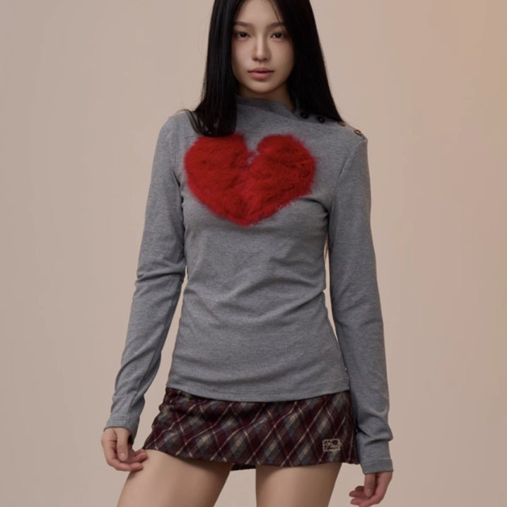 Women's Creative Heart Long-sleeved T-shirt Loose Retro Slim-fit Top