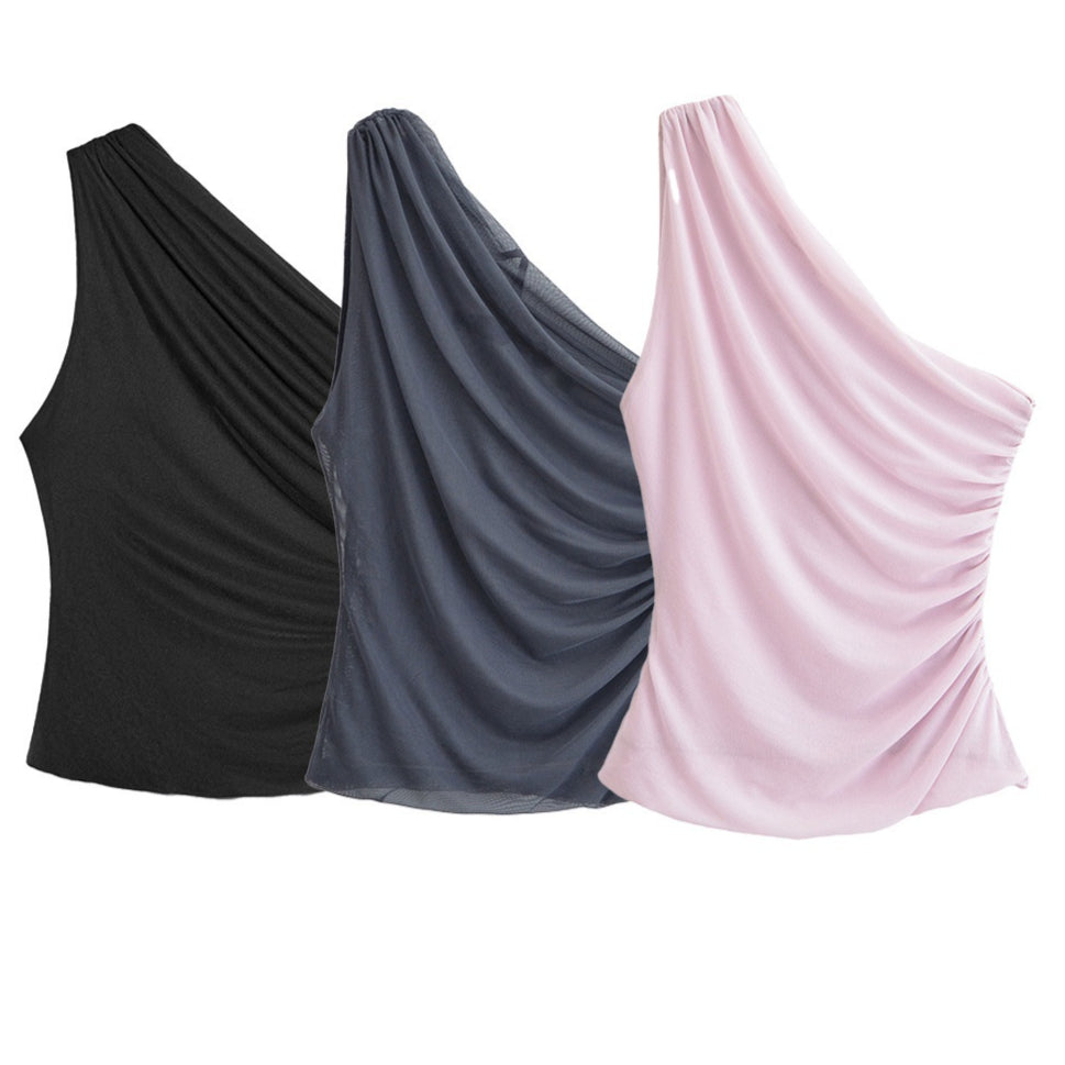 Off-Shoulder Ruffled Asymmetric Top – Slim Fit, Stretchy, 3 Colors