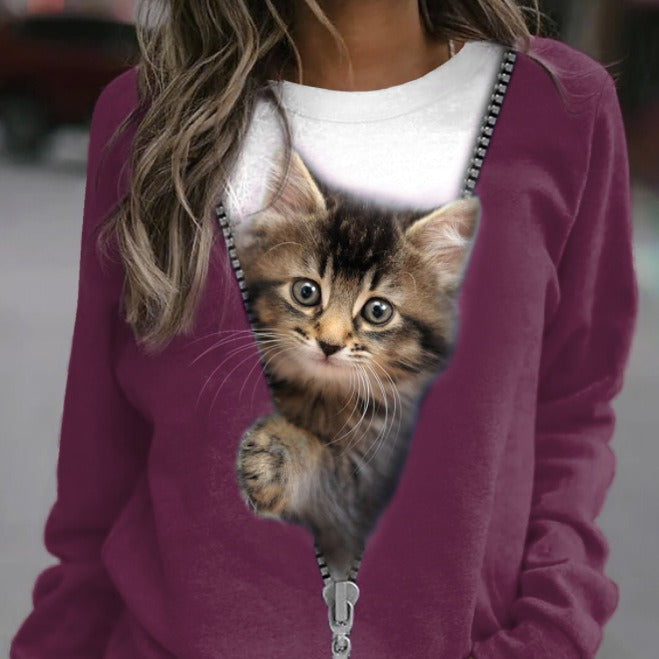Cute Cat Print Casual Round Neck Pullover Sweatshirt