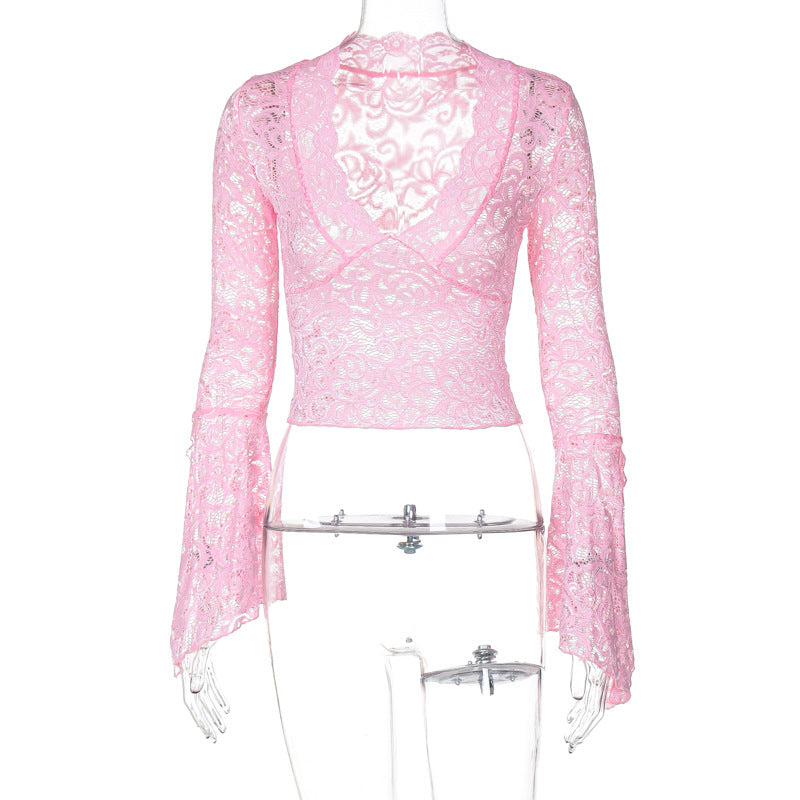 Sexy Deep V Slim Fit Midriff-baring Lace Long-sleeved Lace Top