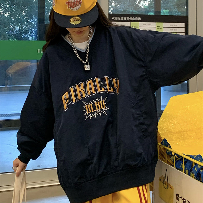 Women's Letter Embroidered V-Neck Pullover Streetwear Hoodie
