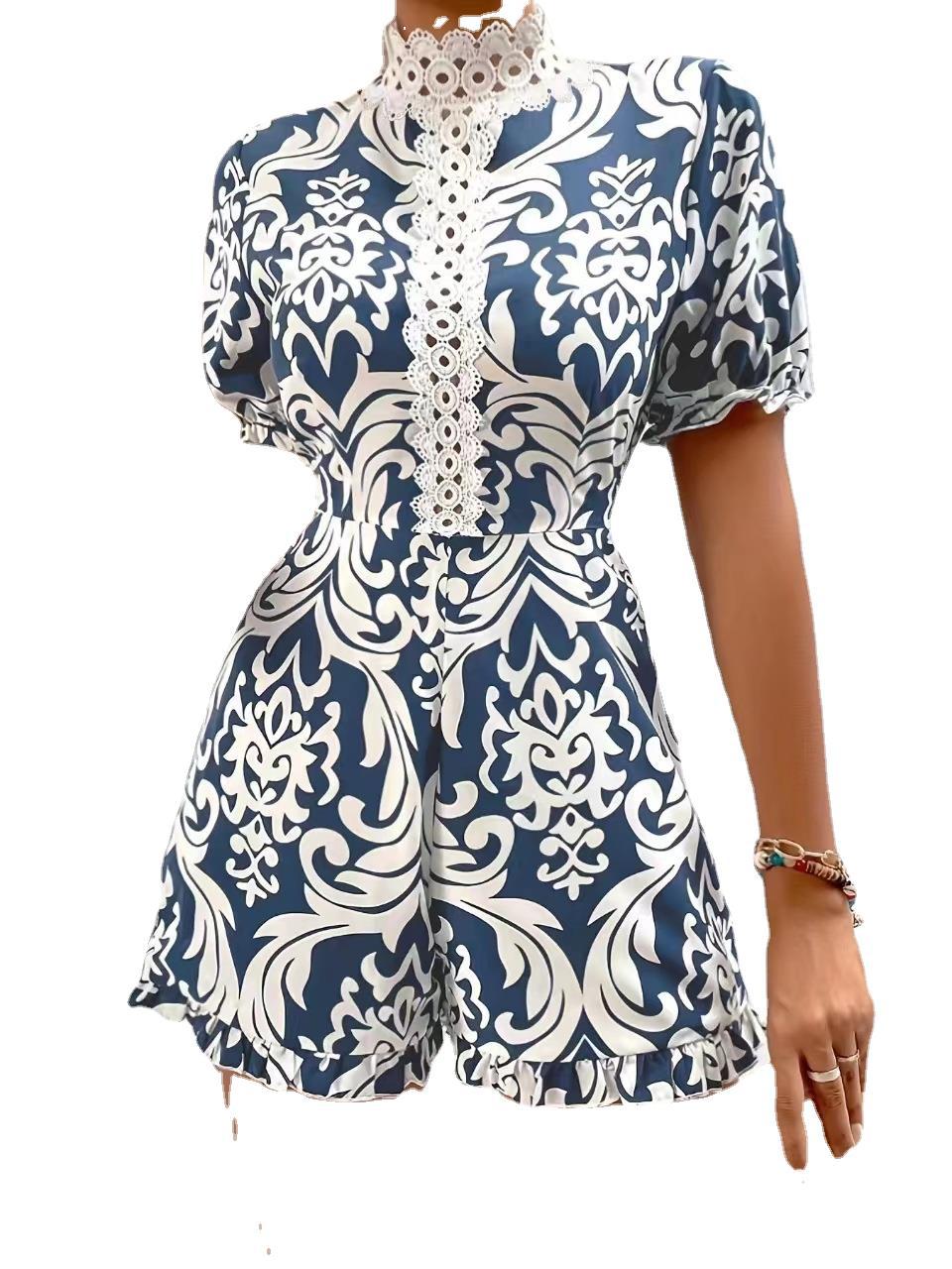 Elegant Baroque Printed Lace Jumpsuit for Women