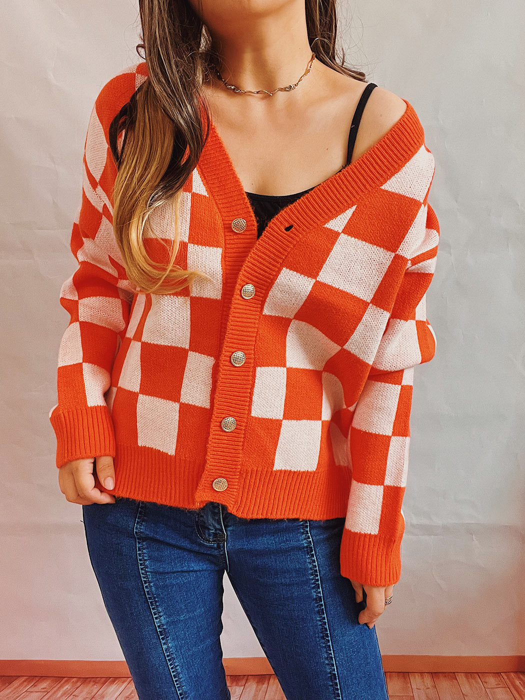 Asian Contrast Color Chessboard Plaid Autumn and Winter Women's Sweater