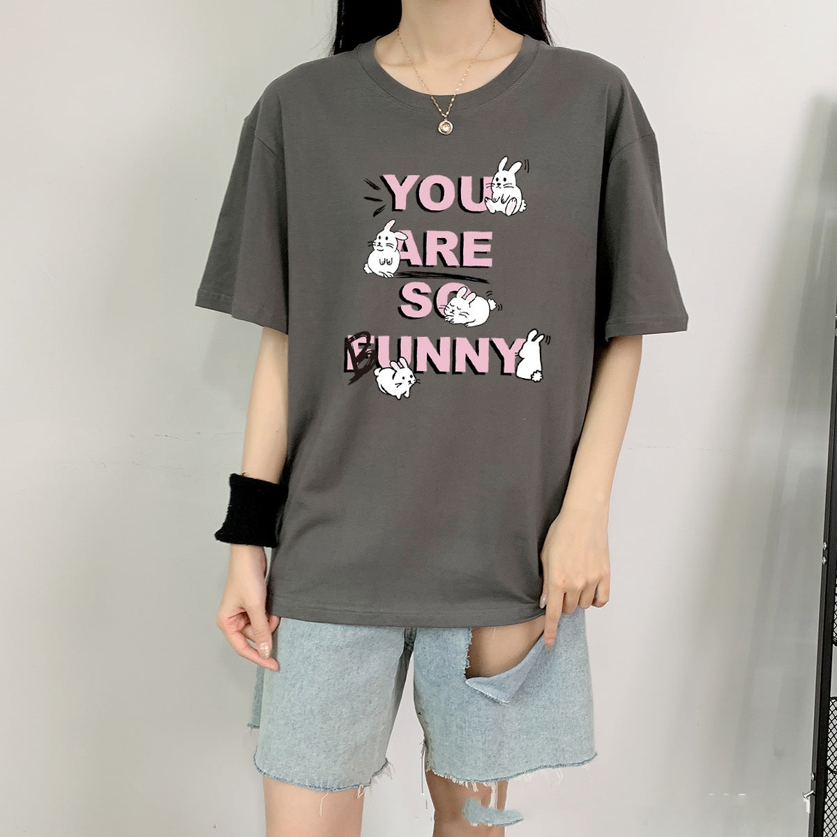 Cute Rabbit Print Cotton Short Sleeve Tee