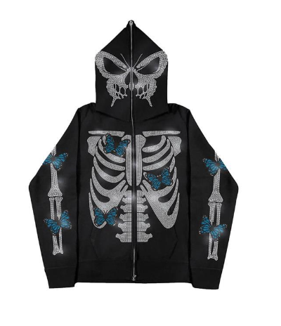 Unisex Printed Rhinestone Zip-Up Hooded Cardigan