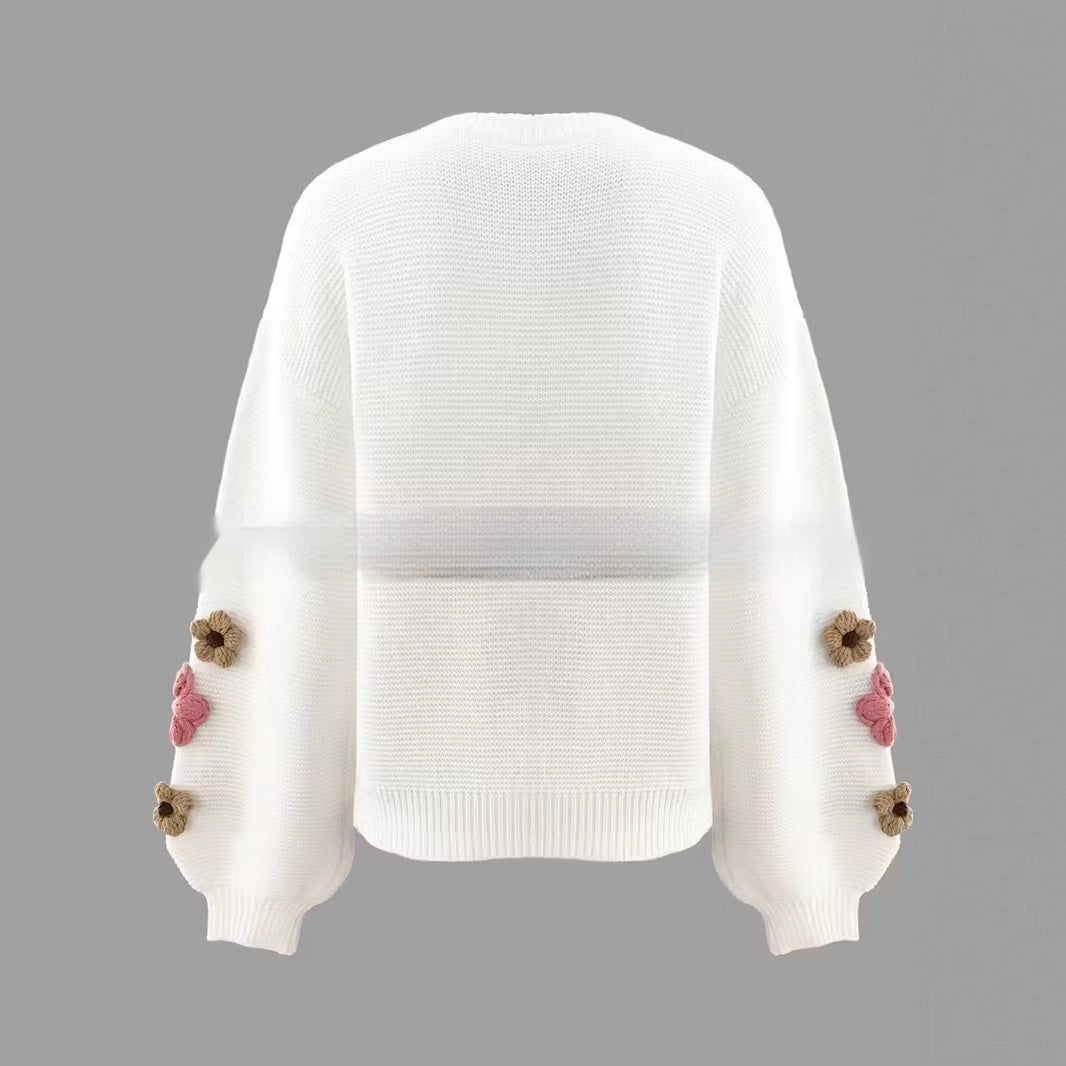 Elegant Knitted Sweater with Colorful Floral Design for Women