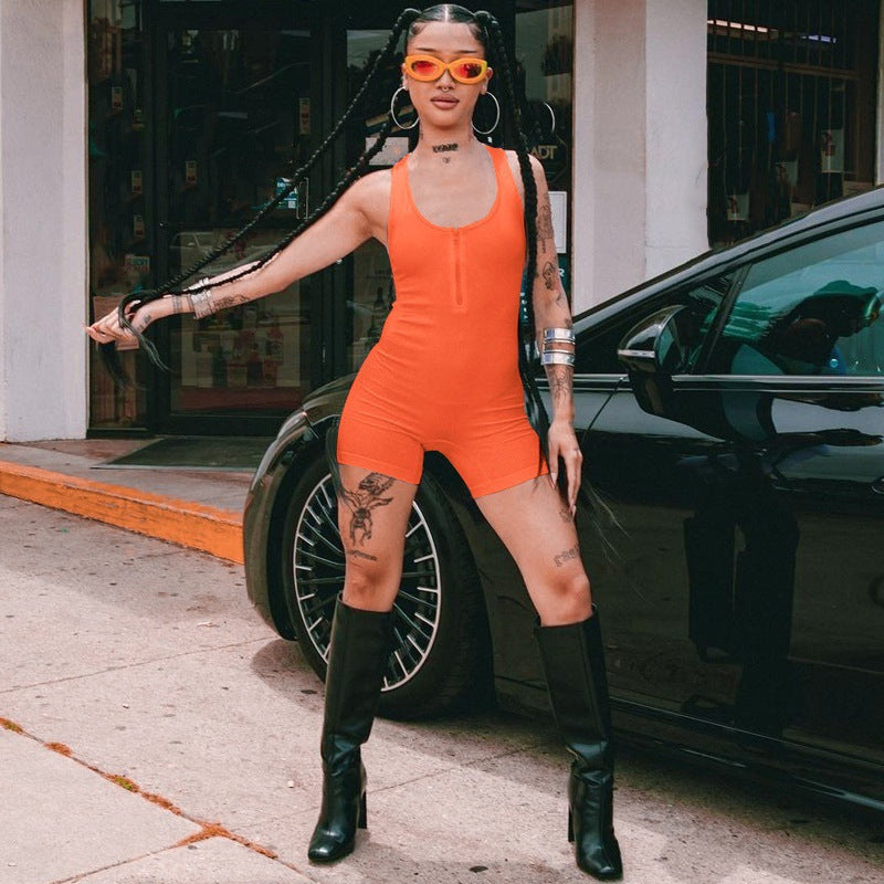 Solid Color Small Sunken Stripe Halter Low Collar Low-cut Zipper Design Tight Jumpsuit