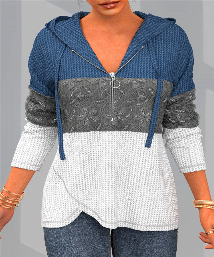 Women's Colorblock Hooded Zipper Sweater