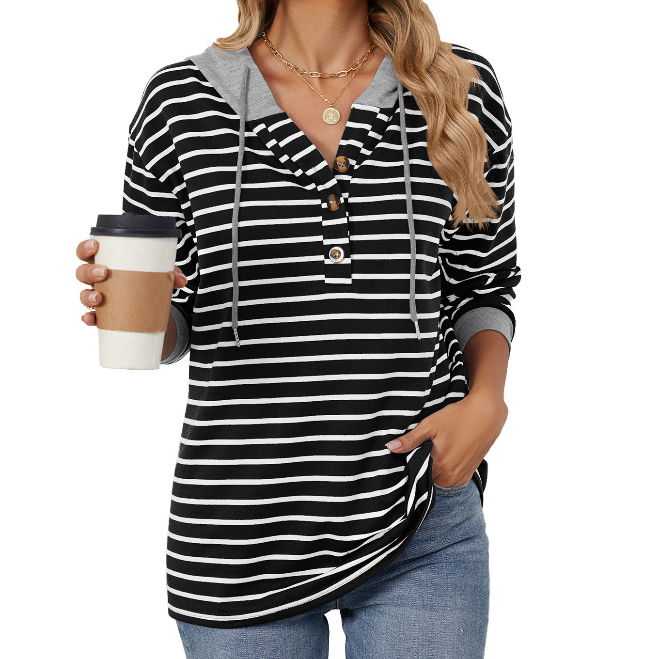 Women's Color Block Striped Hooded Loose Sweatshirt