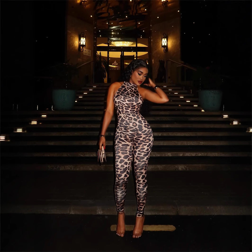 Sexy Leopard Print Stretchy Sleeveless Jumpsuit