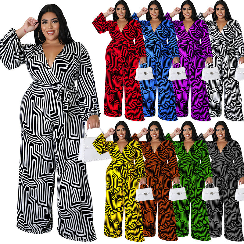 Elegant Long-Sleeve Straight-Leg Plus Size Jumpsuit