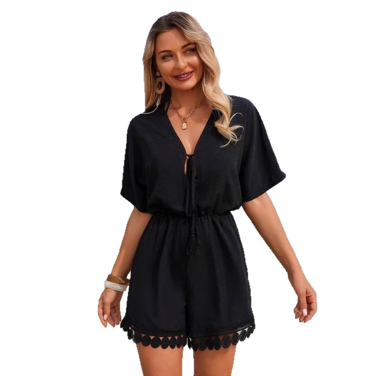 Chic French V-Neck Lace-Up Jumpsuit