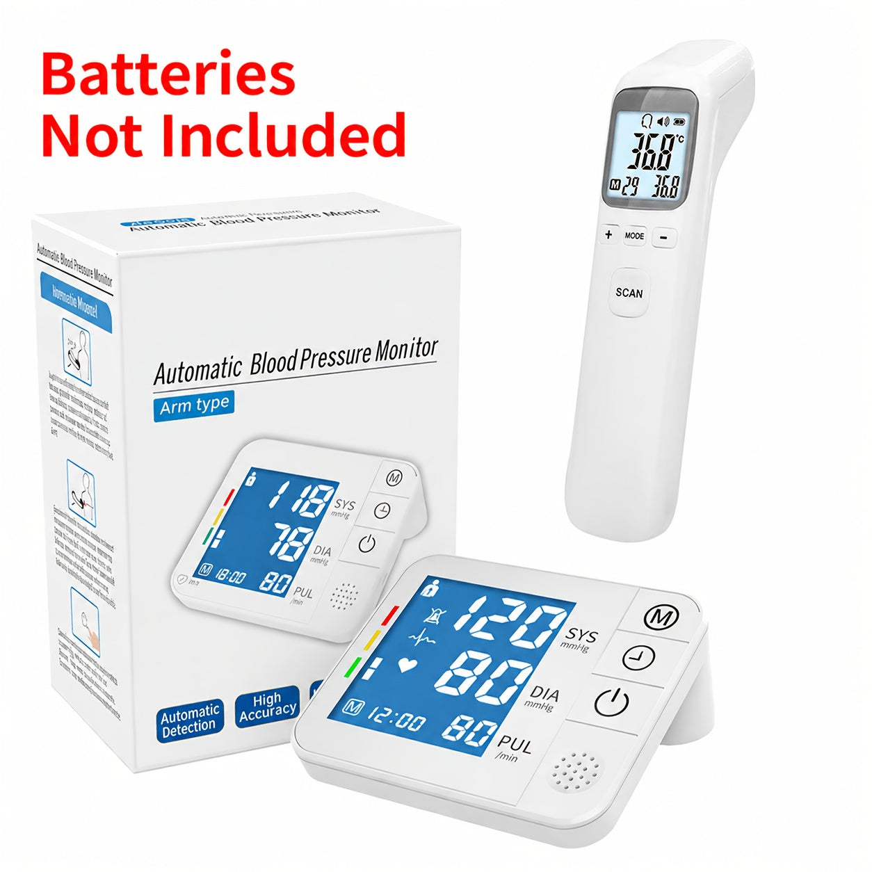 2‑3 Piece Health Monitoring Set: Automatic Blood Pressure Monitor, Oximeter & Forehead Thermometer with Large LCD, USB Charging and 99‑Reading Memory