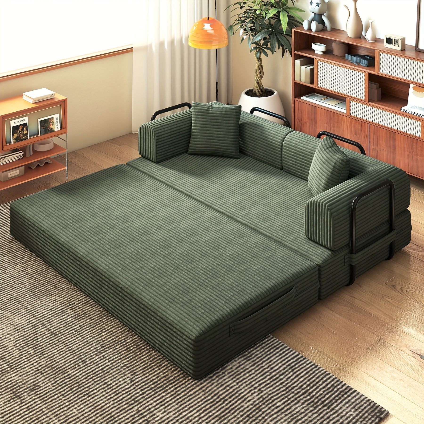 Modular L-shaped chaise longue sofa bed with deep seat and corduroy upholstery