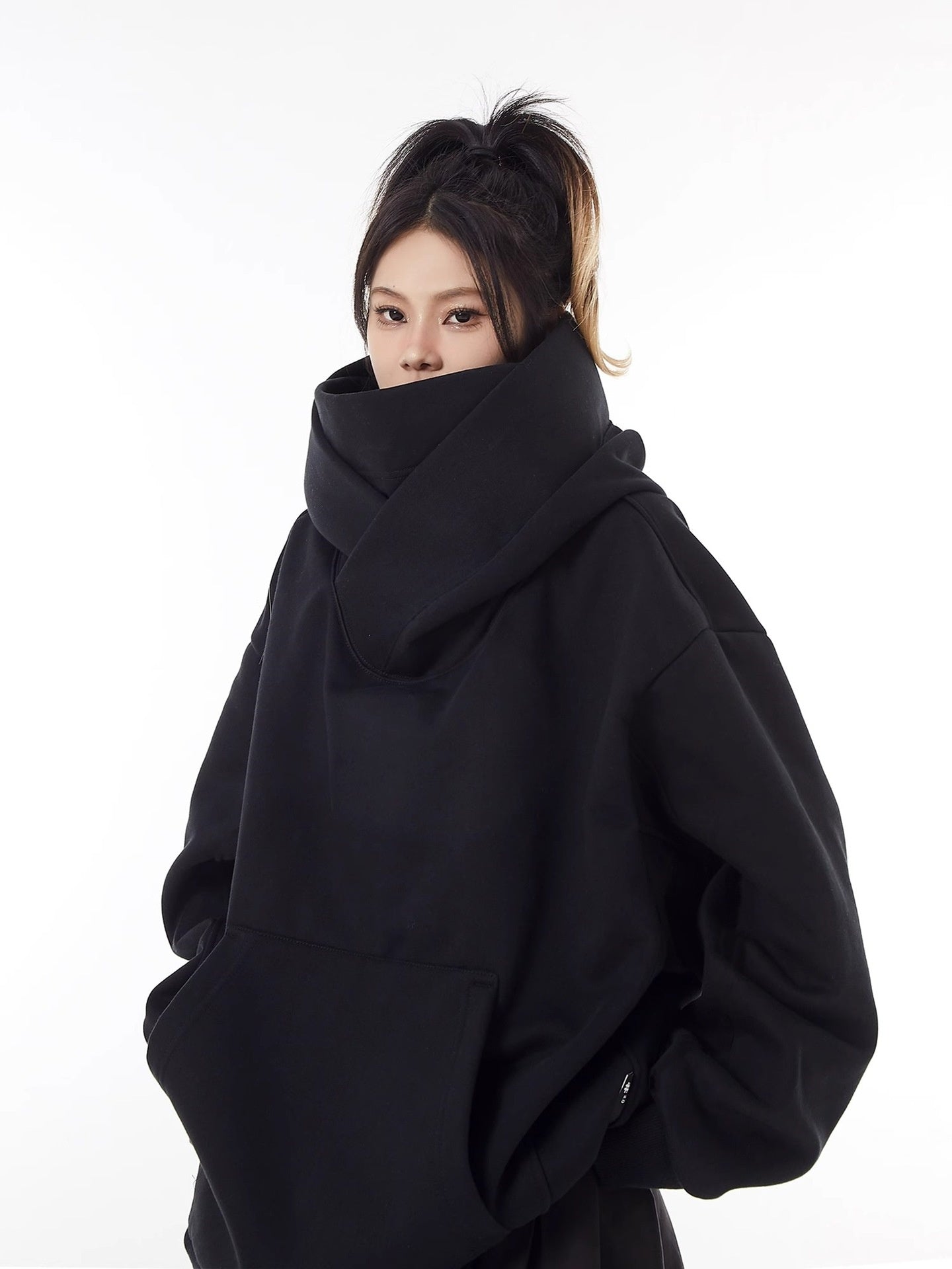Fleece-Lined High Collar Hooded Sweatshirt