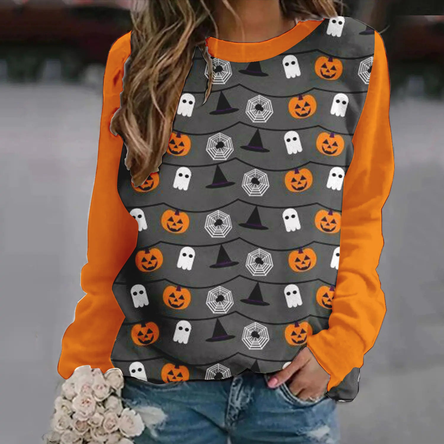 Women's Halloween Printed Raglan Sleeve Sweater