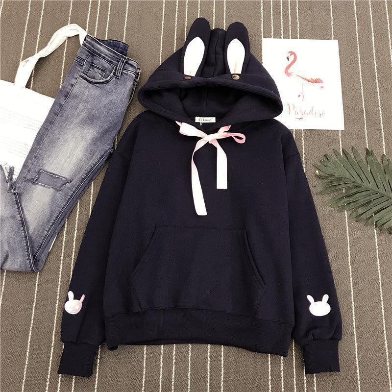 Cute Bunny Ear Embroidered Pocket Fleece Hoodie for Women