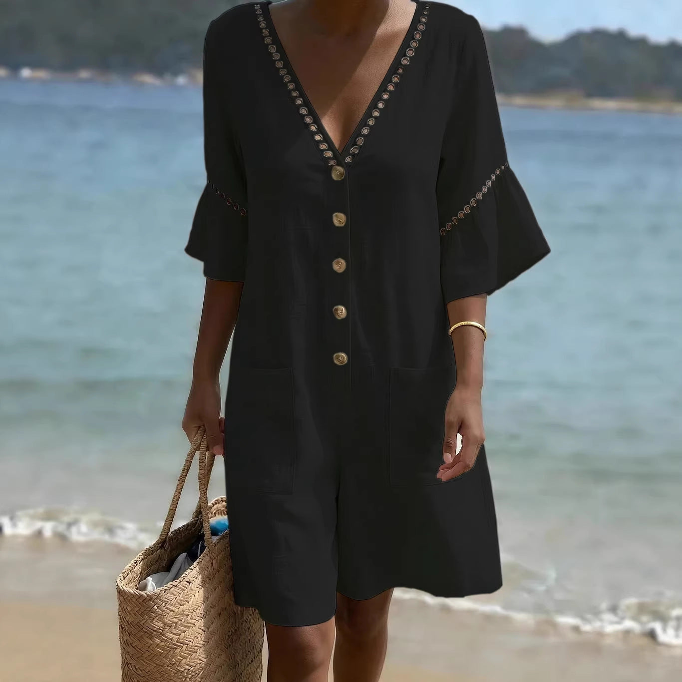 Lace-Trimmed V-Neck Casual Jumpsuit