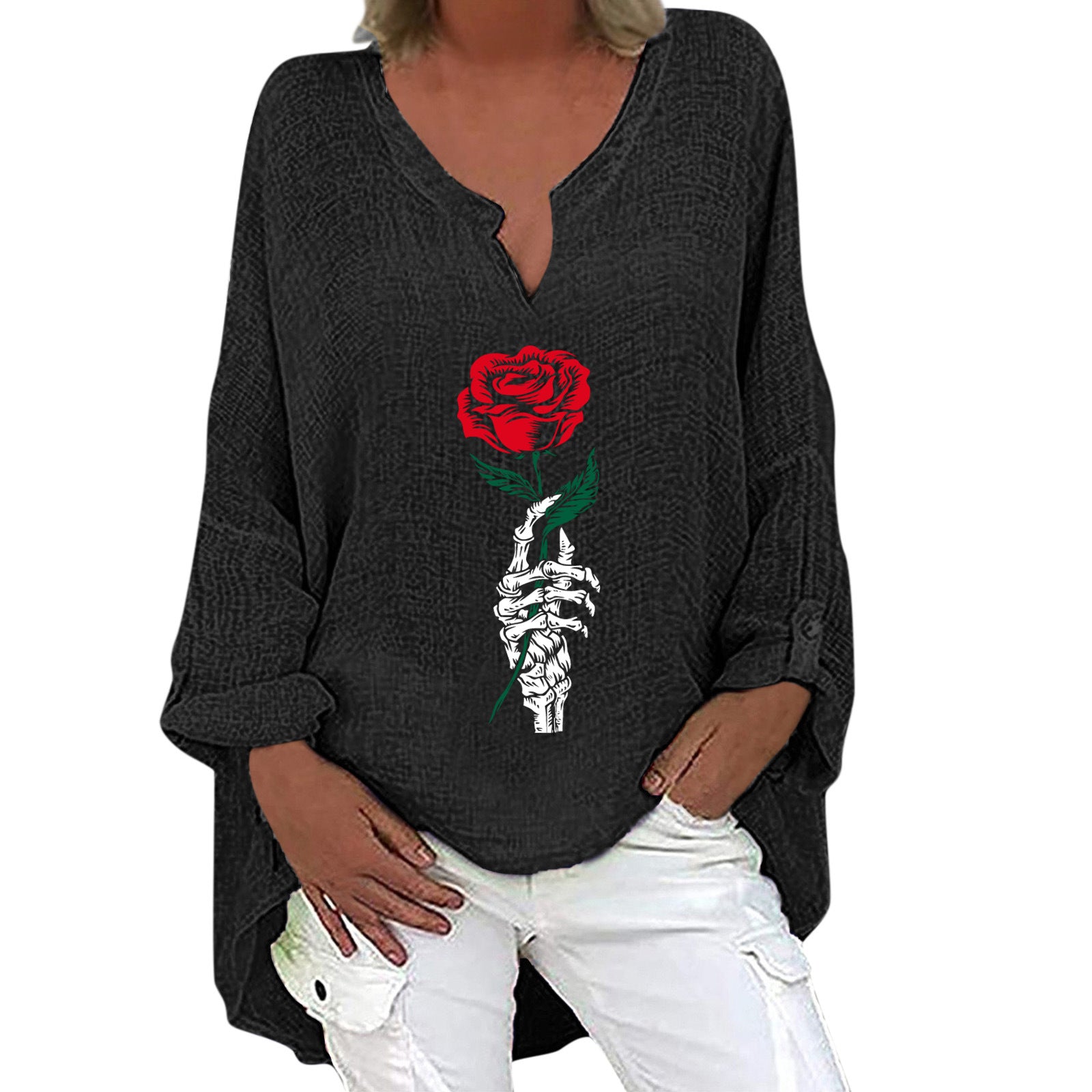 Halloween V-Neck Cotton Linen Long Sleeve Shirt