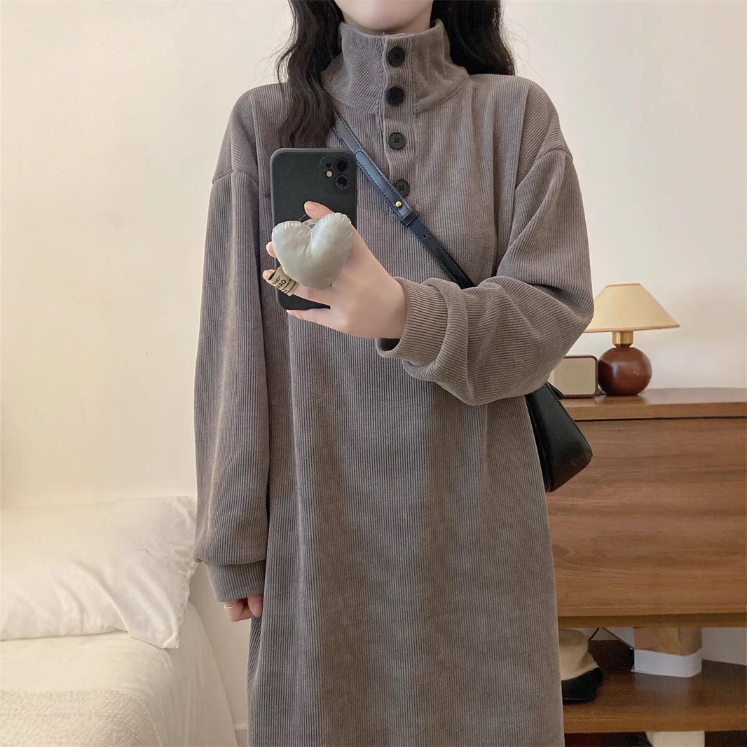 Turtleneck Button Dress Versatile Long-sleeve Maxi Dress for Women