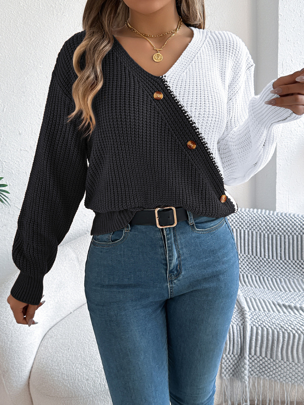 Women Casual V-neck Button Color Block Lantern Sleeve Pullover Sweater