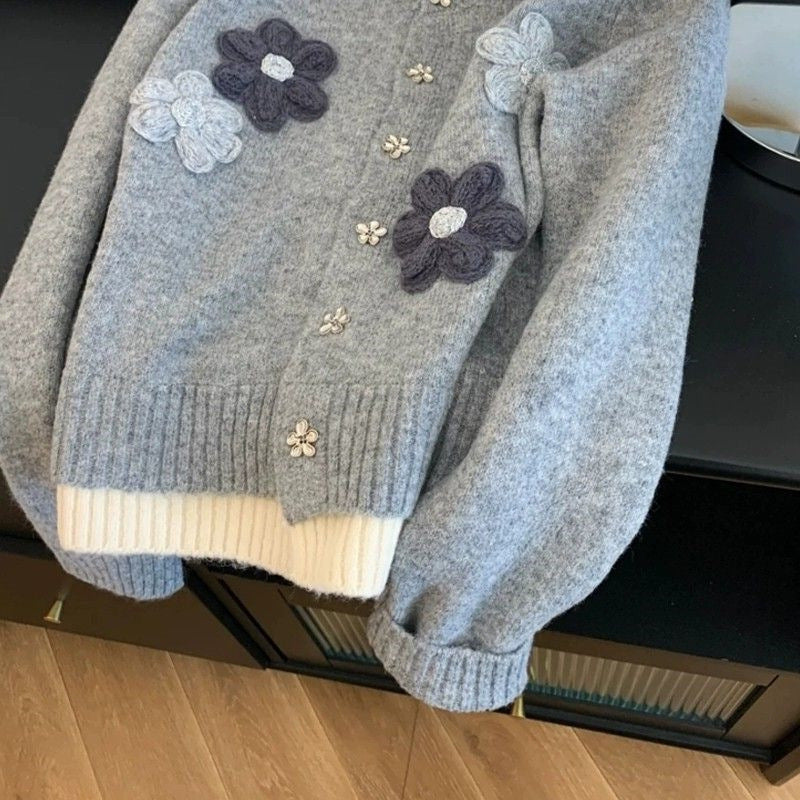 Korean Style Flower Loose Sweater Women's Autumn and Winter Lazy Embroidery