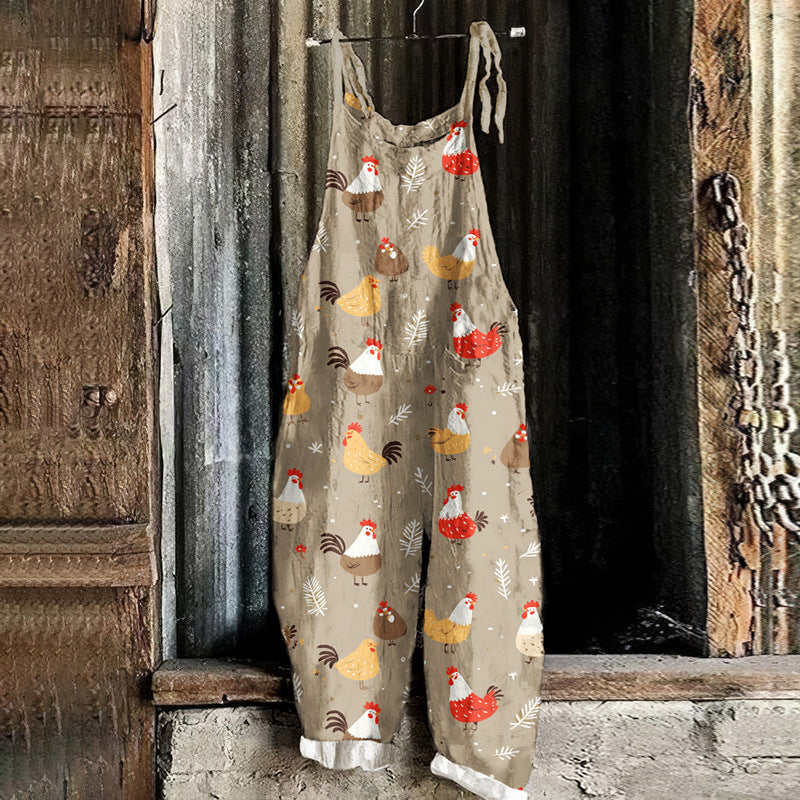 Vintage Sweet Print Loose Suspender Pants for Women