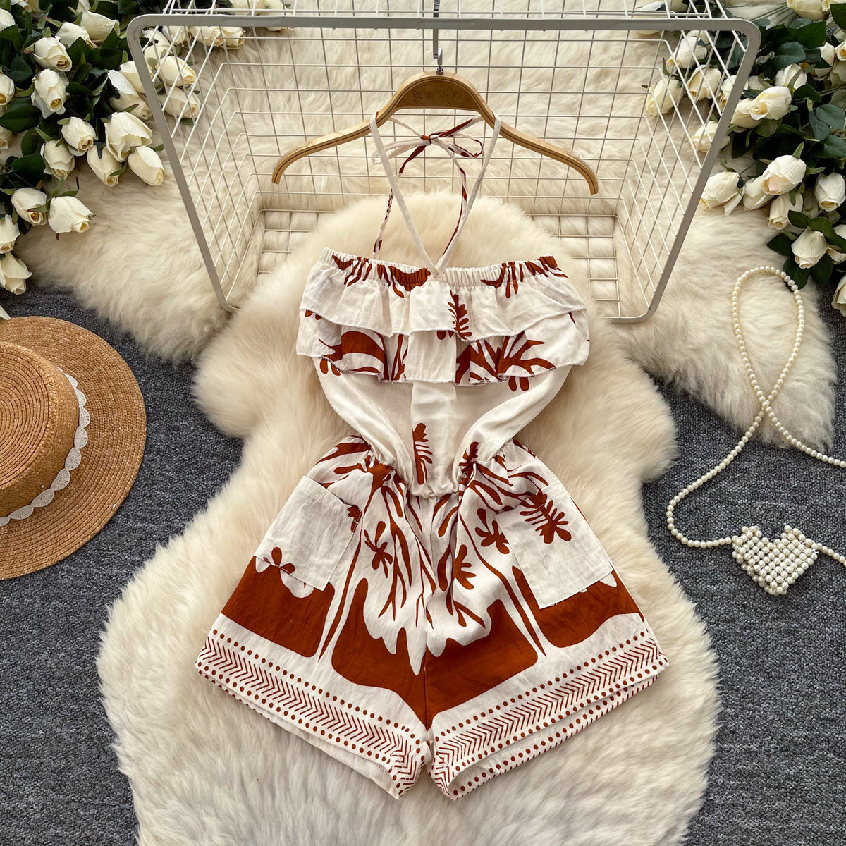 Sexy Backless Halter-Neck Printed Romper for Women