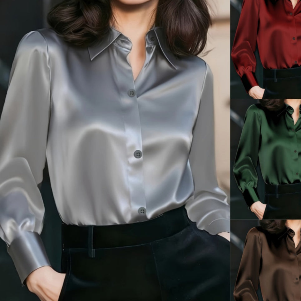 Solid-color Fashionable And Elegant Long-sleeve Button-down Womens Shirt